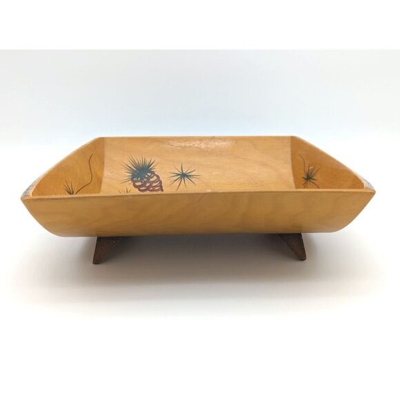 1950's Vintage Glenwood, California Wood Trenched Dish w/ Hand Painted Pinecones - Picture 2 of 10